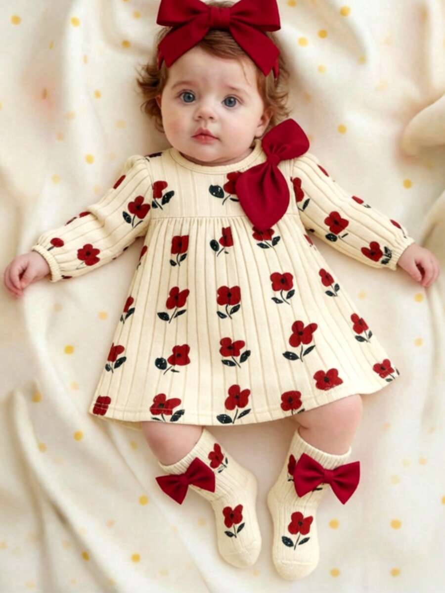 Newborn Baby Girl Gift Set - Dress With Bow, Floral Print & Ribbed Texture, With Socks And Headband - Apricot - View 1