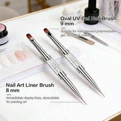 2pcs Professional Nail Art Double-Ended French Manicure Brush Set, Hard Gel Modeling Brush And Fine Design Liner Brush