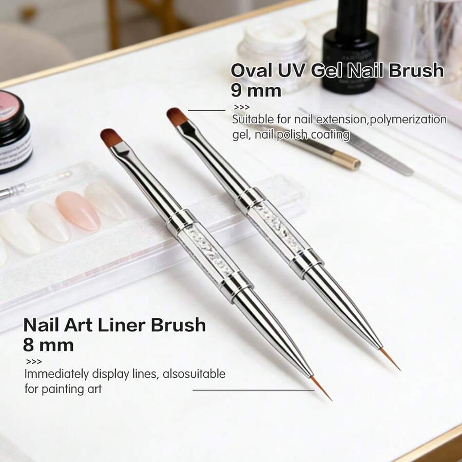 2pcs Professional Nail Art Double-Ended French Manicure Brush Set, Hard Gel Modeling Brush And Fine Design Liner Brush - White - View 1