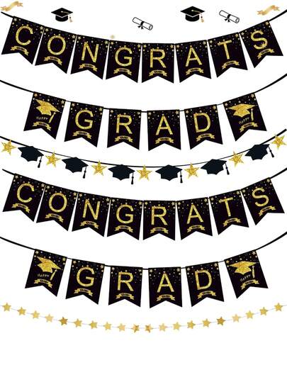 2026 Gold & Black Graduation Decorative Banner, Star & Graduation Cap Wreath Decor, Congrats Grad Banner, DIY Graduation Party Decor, 2026 Graduation Decorations, Grad Party Supplies, Suitable For Any Grade Graduation Party Decor