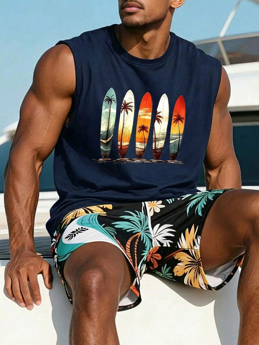 1 chiếc áo tank top nam mùa hè in họa tiết cổ tròn kiểu dáng thường ngày - Màu xanh hải quân - Xem 1