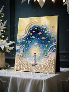 一套全新灯塔海鱼星空主题无框DIY手工珍珠贴纸套装，含珍珠，适合卧室装饰、客厅墙饰、房间装饰、艺术创作、生日礼物、婚礼季、复活节、母亲节等场合。 - 查看 10