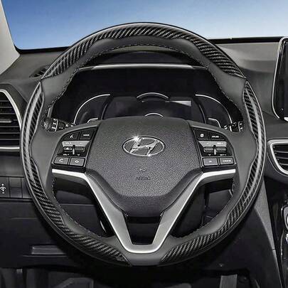Hocasen 2 Pieces/3-Piece Set Modern Segmented Carbon Fiber Steering Wheel Cover, Sporty Style Non-Slip Comfortable Grip, Quick-Install Design All-Season Compatibility For Tucson/Elantra/Avante/I30 Sedan/Alcazar/Grand Creta/Kona/Kauai/Santa Fe/Grand I10/Xcent/Aura/Venue/I20/Sonata/Palisade/HB20/Accent/Verna/Ioniq 5/Grandeur/Azera/Inster/Bayon/Stargazer/Ioniq 6 In Black, Blue, Silver, Red, White