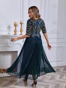 JINLICX Falda plisada con decoración de perlas y escote en V azul zafiro talla grande - azul real - Ver 6