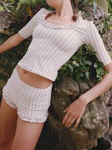 Women's 2 Piece Stripes Shorts Set Ruffle Trim Short Sleeve U Neck Crop Tops And Skinny Booty Shorts Sets Y2K Summer Beach Vacation Going Out Outfit - Light Blue - View 7