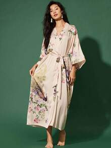 European And American Vintage Loose Plus Size Mid-Length Bohemian Peacock Print Kimono Cover Up Robe Summer Beach Cover-Up Bikini Swimwear Outerwear Bathrobe - Apricot - View 3