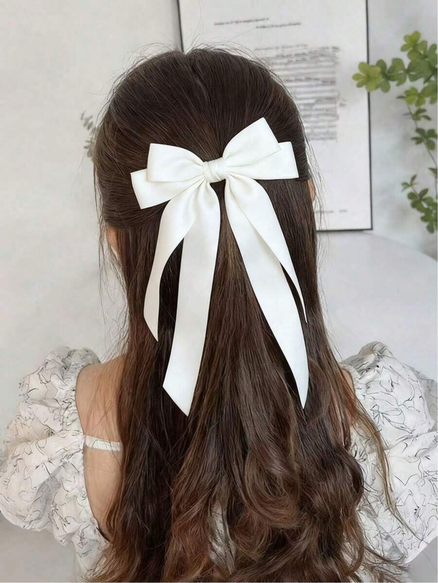 1pc Women's Hair Clip, White Bow Cute Hair Clip, Women's Ribbon Bow Hair Clip, Satin Hair Clip, Long Tail Bow Hair Clip, Party Hair Accessory, Hair Clip, Hair Clip, Headpiece - Multicolor - View 1