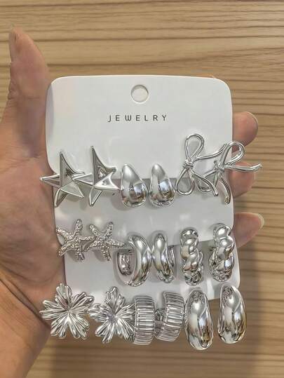 6/18pcs Silver Fashion Earring Set, Featuring Star, Bow, Starfish, Flower, Geometric Twist Elements, & Unique Style, Combining Coolness And Softness. Suitable For Daily, Commute, Date, Party And Other Occasions