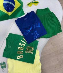 L.A Women's Fashion - Brazil Foil T-Shirt 10 Printed Baby Look Blouse With Glitter - World Cup Fan Club - 藍色 - 查看 2