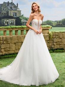 Đầm cưới hoàng gia sang trọng, thanh lịch, màu trắng, cổ chữ V sâu, dây mảnh, dáng đuôi cá, đính sequin và ren, thích hợp cho lễ cưới tại nhà thờ hoặc lễ cưới thân mật. - trắng - Xem 5