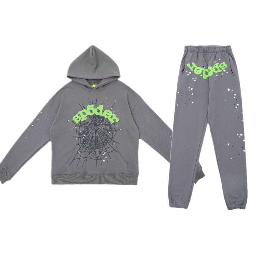 2026 Hip Hop Fashion Printed Hoodie, Loose Men's And Women's Hooded Sweatshirt Spider Web Fashion Hip-Hop Printed Flower Hoodie, European And American Brand Large-Sized Loose Men's And Women's Hooded Sweatshirt Set - 灰色 - 查看 1