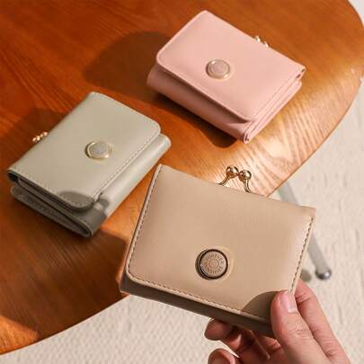 极简复古金属圆扣女士短款钱包，高端纯色多卡位零钱包