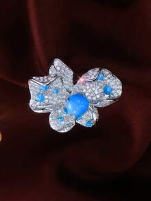 1 pieza Anillo ajustable con flor de turquesa azul grande, joyería de mujer plateada en plata con circonita cúbica para boda, compromiso, banquete, fiesta, baile de graduación, vacaciones, accesorios de disfraz - Azul - Ver 6