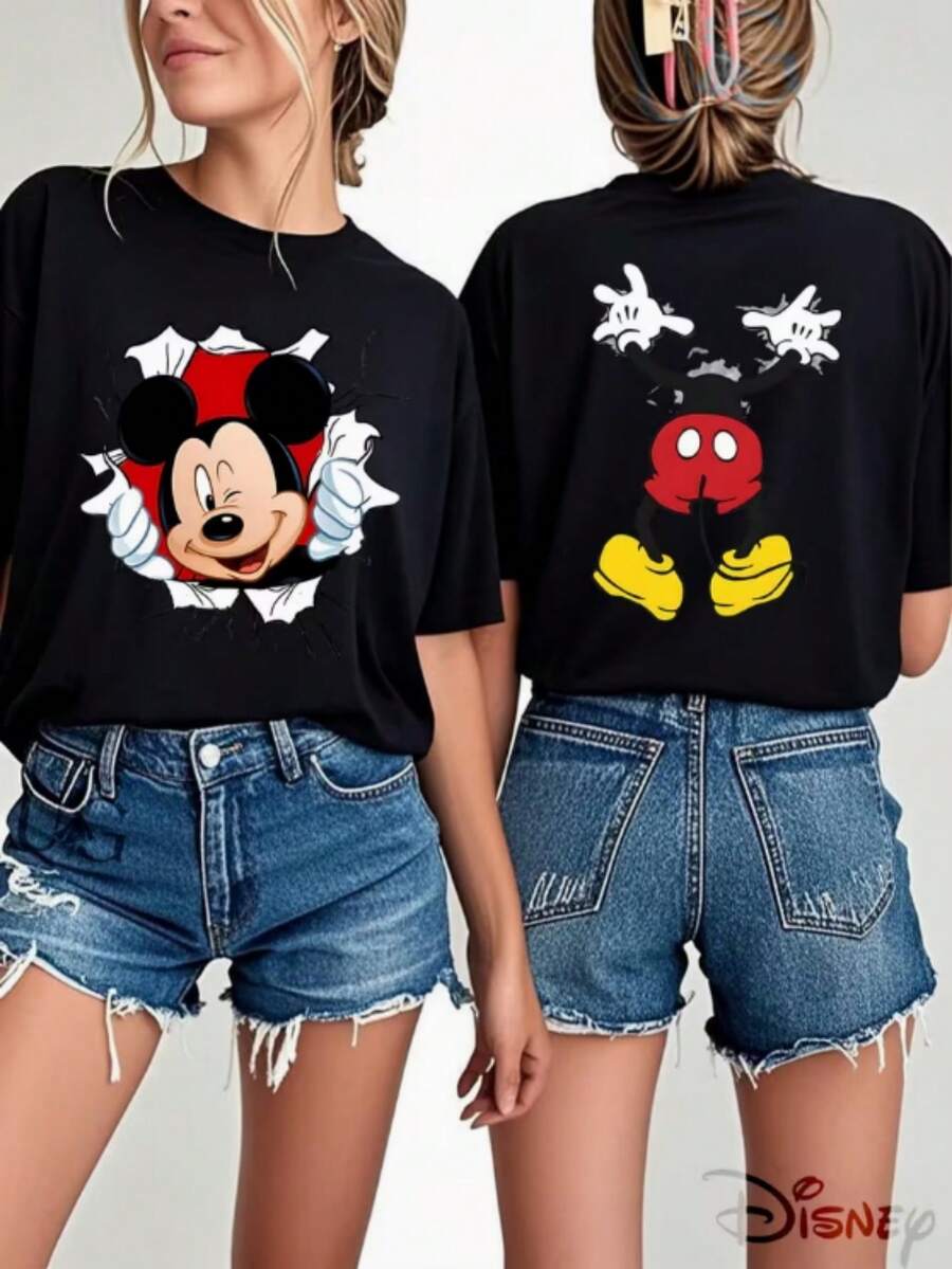 Mickey Hole Three-Dimensional Modeling Double-Sided Printed Flowers, Disney Plus Size Ladies Cool Creative Wind Casual Short Sleeves, Recommended Spring And Summer, Fashionable And Versatile, Machine Washable, Plus Size Ladies Sports T-Shirt. - 黑色 - 查看 1