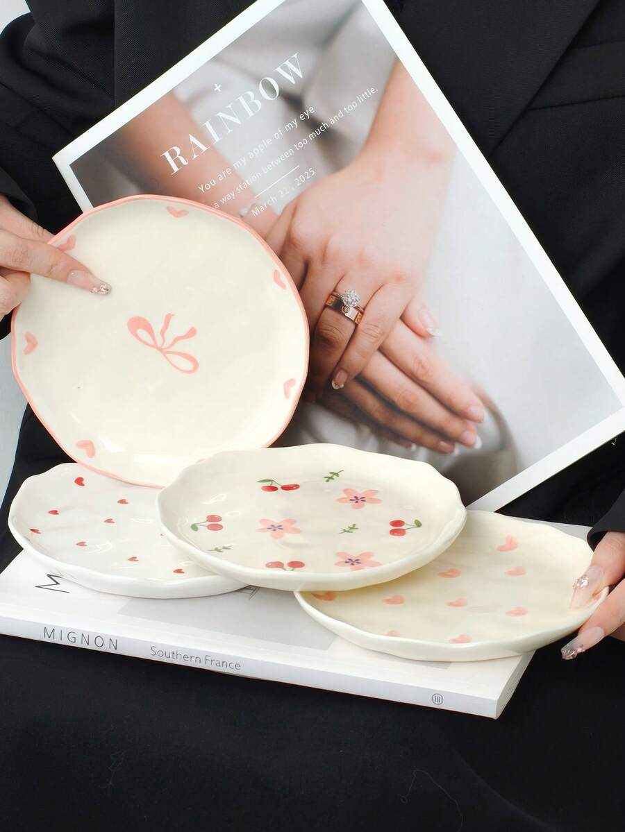 Juego de 4 platos de postre cerámicos asimétricos pintados a mano, exquisitos platos para aperitivos, adecuados para bistec, postre, té de la tarde, bodas, fiestas, regalos festivos