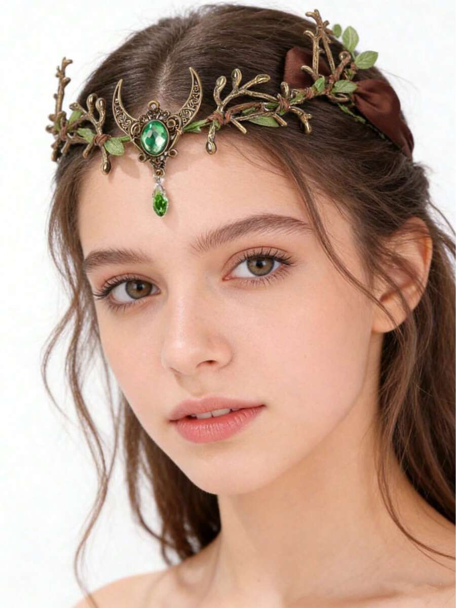 1pc Vintage Elegant Headpiece, Made Of Metal Inlaid With Crystals, Featuring Forest Branch Design Hair Accessory - Dark Green - View 1