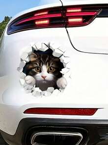1pc Creative 3D Stereoscopic Cat Car Sticker, Waterproof Self-Adhesive Cute Cat Expression Sticker, Suitable For Covering Car Body & Tail Scratches - Cat That Broke Through the Wall - View 3