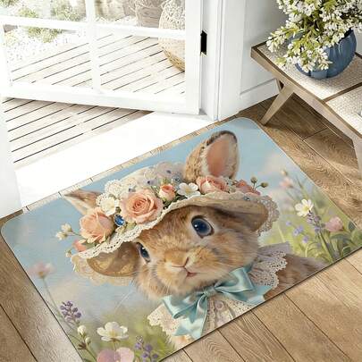 1pc Cute Rabbit Headband Floral Wreath Doormat, Joyful Easter Entryway Decor, Indoor/Outdoor Use, 2D Printed, Suitable For Home Room Decoration, Laundry Room, Kitchen, Washable Farmhouse Rug, Bathroom Mat, Hallway Carpet, Bedside Rug, Home Decor Accessory, Ocean Theme Spring Rug, Doormat, Small Rug, Welcome Mat