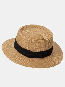 1pc Round Flat Top Straw Hat, Breathable Sun Hat, Travel Beach Hat, Essential Travel Hat, Fashion Versatile, Suitable As Gift For Girlfriend/Friend, Women's Accessory, Interesting Gift, Personalized Gift, Thoughtful Gift, Women's Gift,Summer,Holiday,Festival - Concave Top - View 11