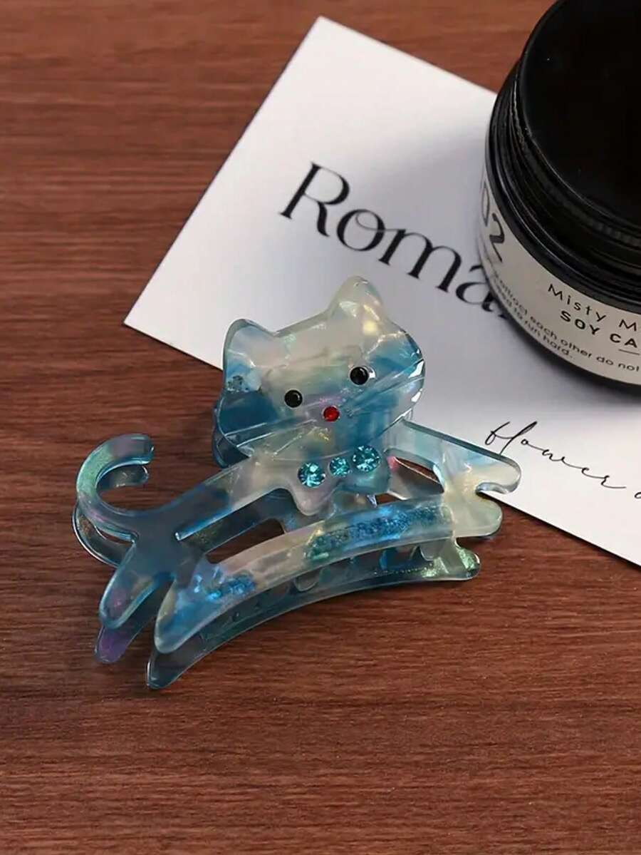 6/1件，1个迷你（2.36英寸/6厘米）女士/女孩亚克力水钻猫爪发夹，时尚卡通发卡发爪 - 彩色 - 查看 1