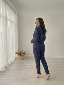 Traditional Ribbed Wool Set For Women - Navy Blue - View 3