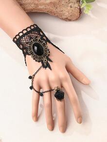 1pc Women's Retro Gothic Style Choker, Punk Party Black Lace Fashion Exaggerated Accessory With Ring & Bracelet - Multicolor - View 2