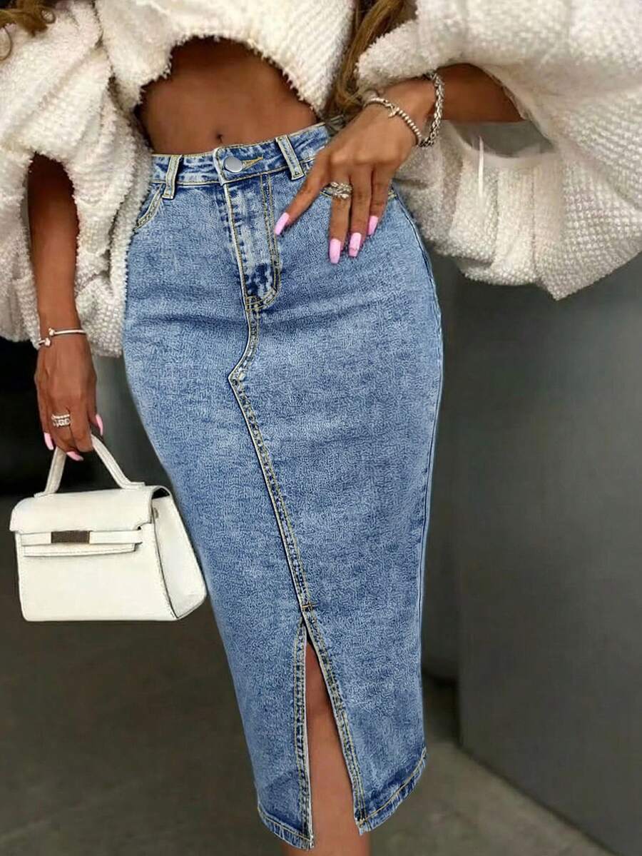 Chân váy denim midi nữ thanh lịch, kiểu dáng thường ngày, xẻ tà phía trước, chất liệu vải co giãn vừa phải. - Màu xanh lam - Xem 1