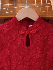 Left Mama 少女优雅红色短袖提花连衣裙，适合宴会和情人节穿着，夏季款 - 紅色 - 查看 4