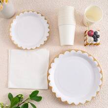 White Rimmed Disposable Tableware Set, Including 7/9 Inch Paper Plates, Paper Cups, Paper Napkins, Suitable For Birthday Parties, Festivals, Gatherings, Picnics, Celebration Events, Wedding Tea Parties, Graduation Ceremonies - White - View 5