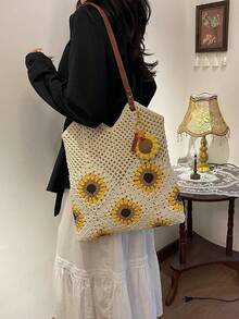Túi tote hình hoa hướng dương bằng rơm, quai đeo vai bằng da PU, khóa kéo, không có mặt dây chuyền. - Màu be - Xem 2