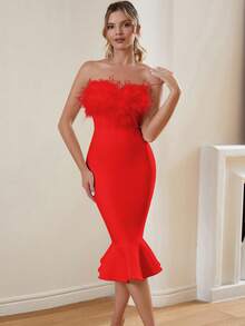 Furry Decor Bandage Bodycon Mini Dress, Suitable For Cocktail Party Wedding - Red - View 3