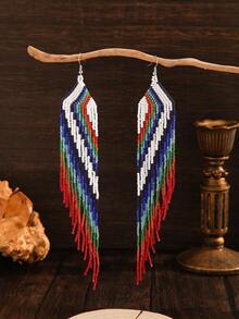 1对女士时尚优雅耳环，波西米亚串珠流苏耳坠，复古波西米亚风格，对称几何图案，色彩对比鲜明，适合日常佩戴、度假、派对或其他场合，百搭设计，是送给她的完美礼物，情侣款。 - 彩色流蘇耳環 - 查看 6