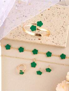 5pcs Set Lucky Clover Design Necklace Earrings Bracelet And Ring - Màu xanh lá - Xem 2