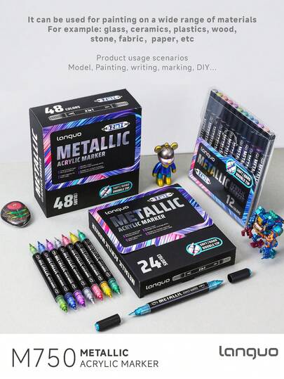 12/24/48 Colors Metallic Marker Pens, Brush Tip & Chisel Tip, Metallic Gloss Paint Markers For Rock Painting, Canvas, Wood, Glass, Metal, Stone And Ceramic DIY Crafts And Stationery, Vibrant Metallic Ink With Strong Covering Power