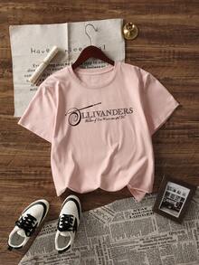 Whysmera SHEIN X Harry Potter Áo thun ngắn tay nữ thời trang thường ngày, in hình các nhân vật hoạt hình dễ thương và hình Hippogriff, thoáng khí, phong cách truyện tranh cổ điển, phù hợp cho mặc hàng ngày, đi học, xem phim, dã ngoại mùa hè và các bữa tiệc theo chủ đề thế giới phù thủy. - Màu Hồng baby - Xem 3