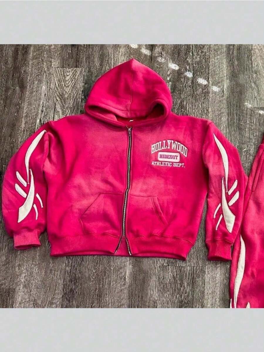 Y2K Hip-Hop Streetwear Fashion Brand Letter 3D Printing Loose Hoodie Men's And Women's Zipper Sweater Jacket - 粉色 - 查看 1