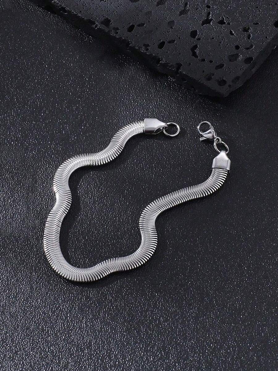 1pc Minimalist Silver Tone Stainless Steel Wavy Bracelet, Polished Herringbone Finish, Suitable For Daily & Casual Outfits - Silver - View 1