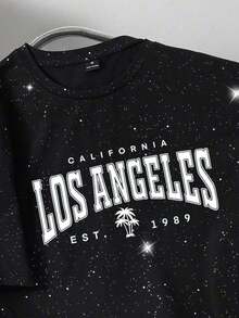 Men's White Knitted Fabric T-Shirt With Los Angeles Graphic Print Short Sleeves And Round Neckline Regular Fit.Summer XL6Z - 黑色 2 - 查看 7