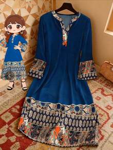 2026 Vestido largo tipo abaya de Dubái, el talla grande vendido en Oriente Medio, de manga ancha estilizante, longitud alargadora, estampado de patchwork con cuello en V suelto, manga acampanada talla grande, vestido largo elegante vintage azul, moda musulmana, adecuado para uso casual, fiesta, celebración de Eid, vestido chic popular para comercio transfronterizo - Multicolor - Ver 3