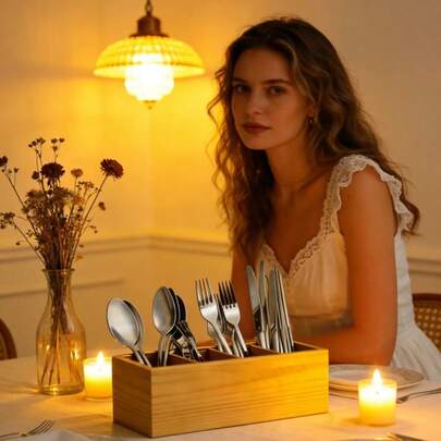 1 Stück Holz Besteckaufbewahrungsbox, Küchenhelfer Organizer Regal, 4-Fach Holz Besteckbox, große Esszimmertisch Besteckaufbewahrungsbox Halter für Servietten, Löffel, Gabeln, Messer, Schreibwaren