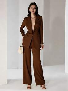Blazer Set With Lining And Shoulder Pads, And Wide-Leg Trousers With Gold Button Detail. - 咖啡棕 - 查看 3