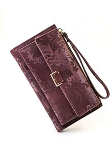 MINGYOU 时尚柔软材质高端刺绣便携休闲黑色手机钱包女士拉链手机钱包适合购物旅行必备女士钱包长款钱包腕包可爱复古钱包 - 酒紅色 - 查看 2