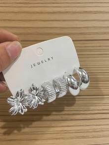 Set de 6/18 pendientes de moda plateados, con elementos de estrella, lazo, estrella de mar, flor y giro geométrico, combinando frescura y suavidad. Adecuado para uso diario, ir al trabajo, citas, fiestas y otras ocasiones - Multicolor - Ver 6