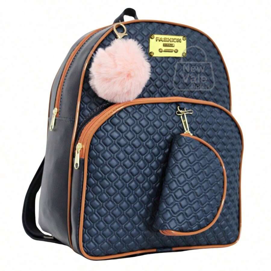 Women's Backpack, Reinforced Small Backpack With Beautiful Exclusive Coin Purse + Pompom Keychain - Marine - View 1