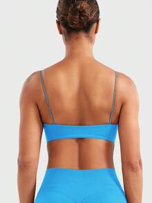 VOYJOY Women Spaghetti Strap Sports Bra Padded Low Support Seamless Impact Cami Square Neck Workout Yoga Bra Crop Top - Xanh băng hà - Xem 4