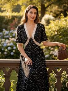 女士复古优雅波点蕾丝边连衣裙 - A字型V领长裙，日常时尚风格，蕾丝边设计，性感深V领，系带腰身，泡泡袖，度假风 - 黑色 - 查看 3