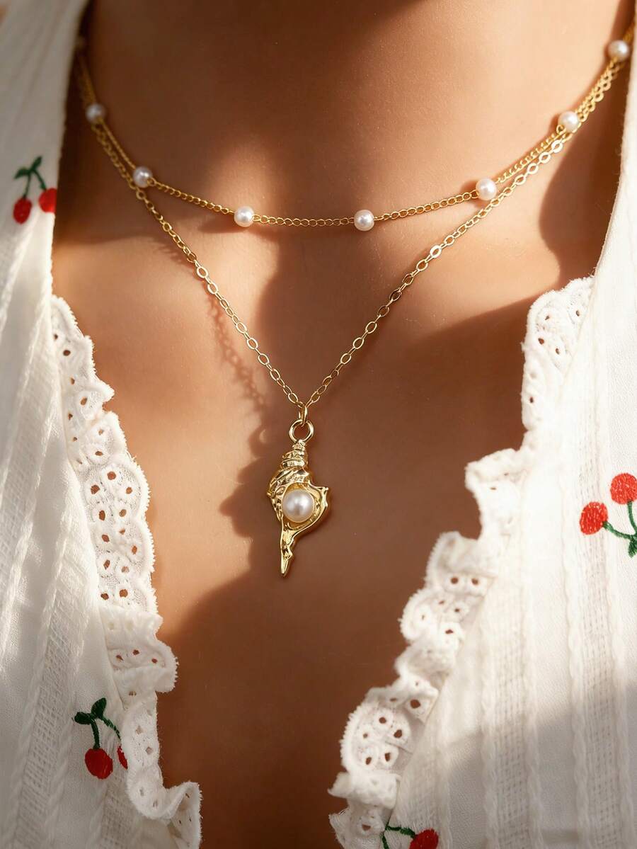 1 chiếc vòng cổ nhiều lớp kiểu khu nghỉ dưỡng biển, làm từ vỏ sò và ngọc trai giả, thích hợp để đeo hàng ngày, làm quà tặng và phụ kiện thời trang. - Vàng - Xem 1
