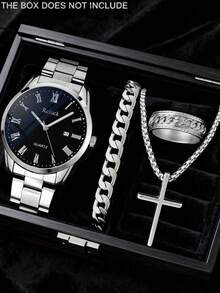 四件套男士石英表套装，包括：银色金属表带黑色表盘罗马数字石英表、银色链手链、银色十字架项链和银色浮雕戒指。这款石英表采用冷色调不锈钢表芯，黑色表盘搭配罗马数字，尽显优雅气质；金属表带经久耐用，佩戴舒适。 - 銀色 - 查看 8