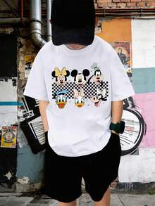 Disney Summer Tops,  Print Graphic Tee, Perfect For Cool Boys. Teen Boy Gift,Comfortable And Breathable Children's Short-Sleeved T-Shirt. 180g Pure Cotton Children's Clothes,Suitable For Both Boys And Girls.Suitable For Daily Wear, Vacations, Outdoor Activities, And As A Children's Gift. - 白色 - 查看 2