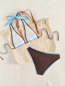 Bộ bikini nữ mùa xuân/hè chấm bi thanh lịch, kiểu dáng thường ngày, áo ngực tam giác màu xanh dương và nâu cổ yếm chữ V hở lưng buộc dây, quần bikini cạp cao viền tương phản, đồ bơi 2 mảnh phong cách retro phù hợp cho bãi biển, kỳ nghỉ, tiệc du thuyền sang trọng, tiệc bể bơi. - màu nâu - Xem 5
